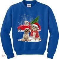 Shih Tzu Dog Riding Red Truck Christmas Tree Xmas Gift Kids Sweatshirt thumb 0