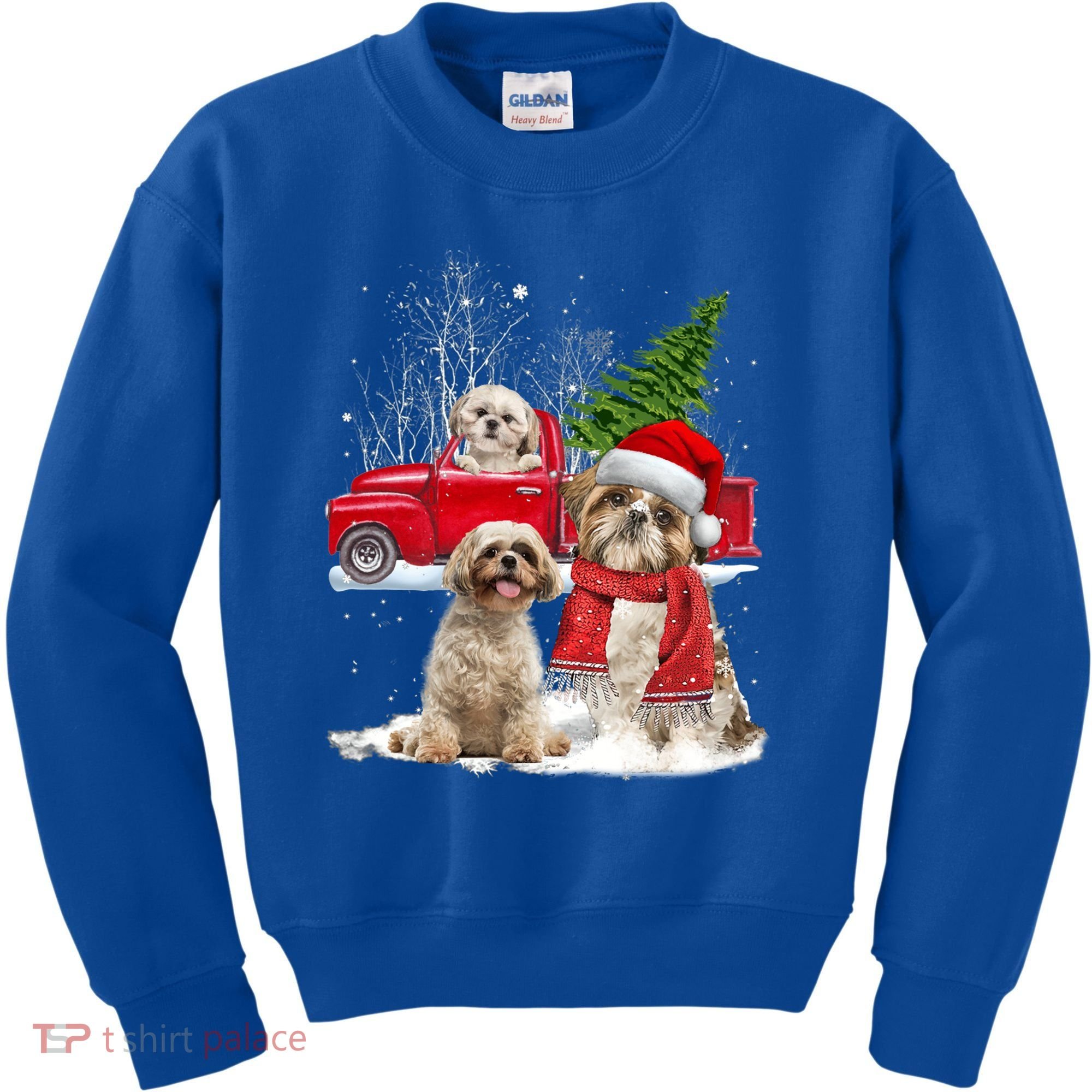 Shih Tzu Dog Riding Red Truck Christmas Tree Xmas Gift Kids Sweatshirt