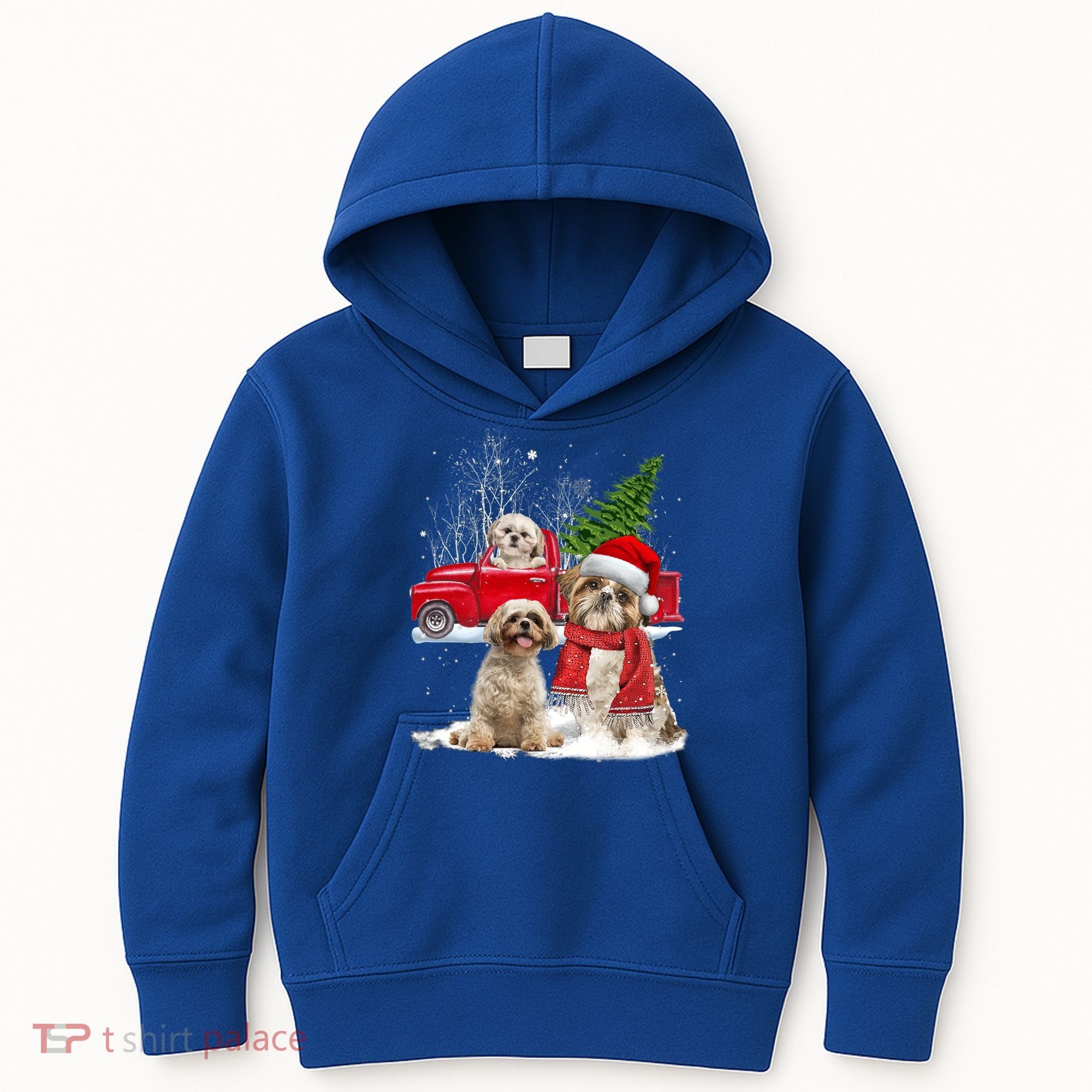 Shih Tzu Dog Riding Red Truck Christmas Tree Xmas Gift Kids Hoodie