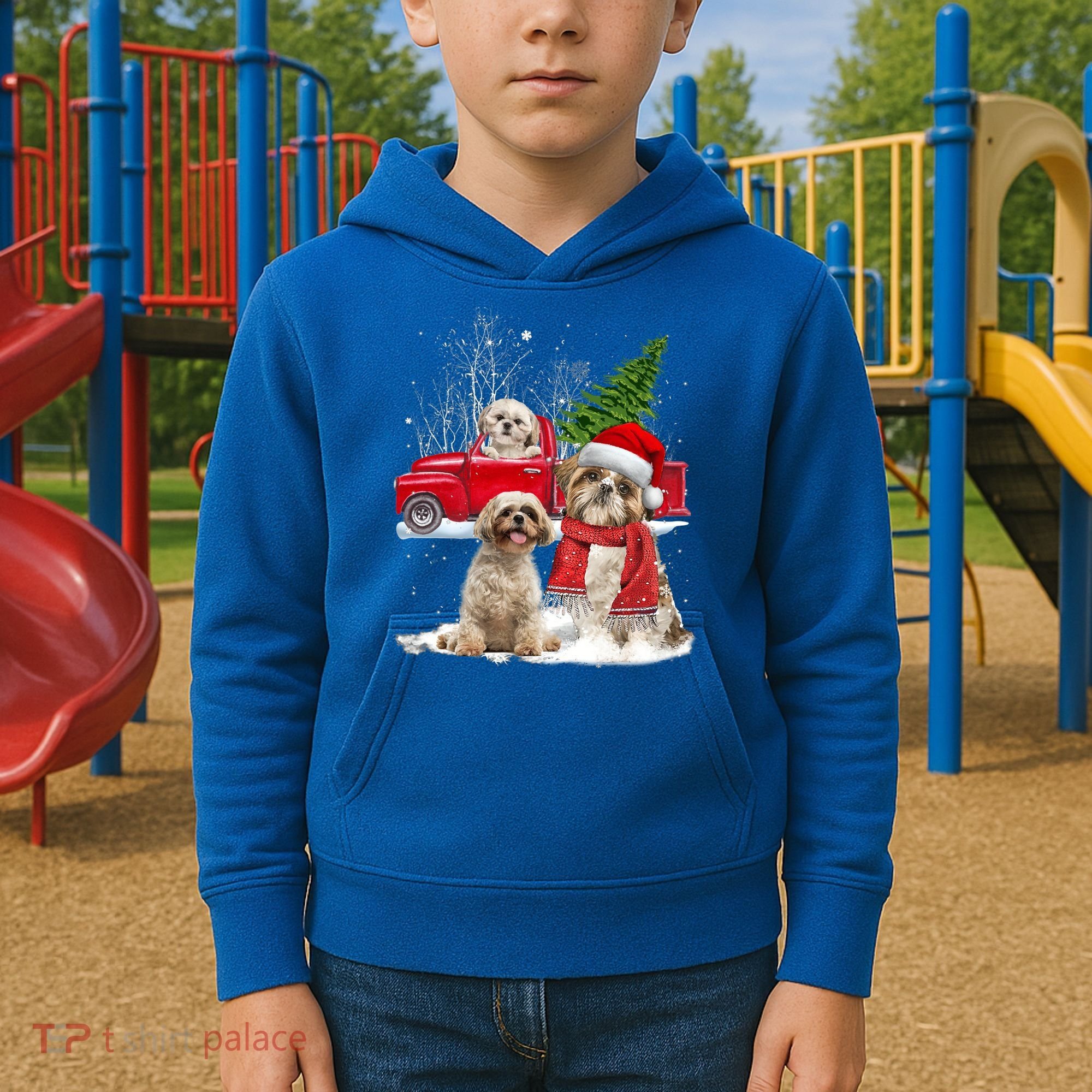 Shih Tzu Dog Riding Red Truck Christmas Tree Xmas Gift Kids Hoodie