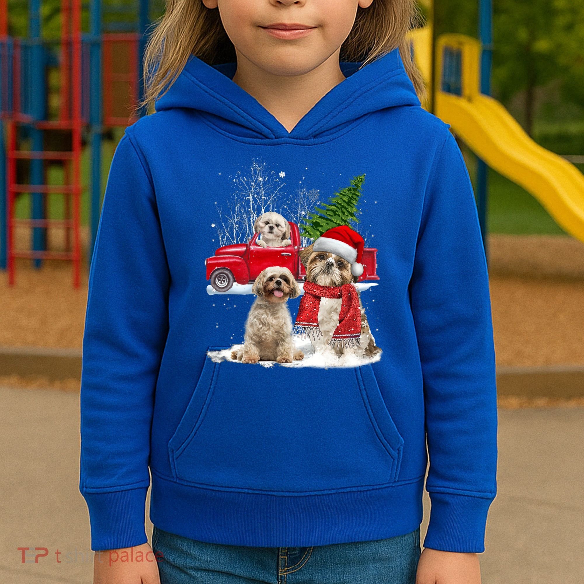 Shih Tzu Dog Riding Red Truck Christmas Tree Xmas Gift Kids Hoodie
