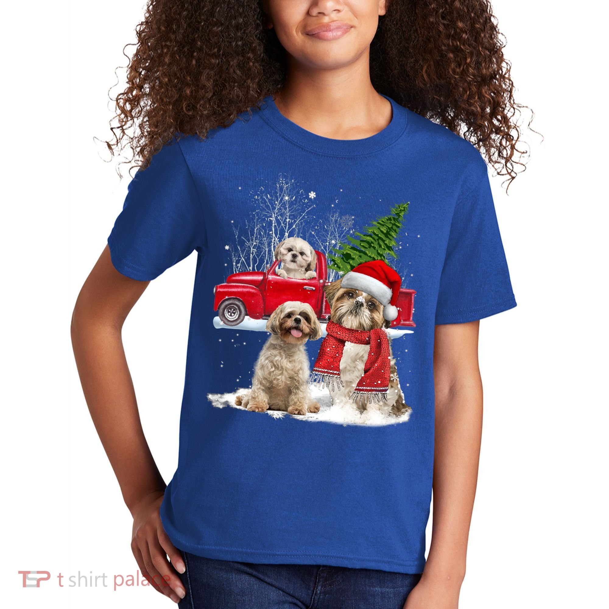 Shih Tzu Dog Riding Red Truck Christmas Tree Xmas Gift Kids T-Shirt