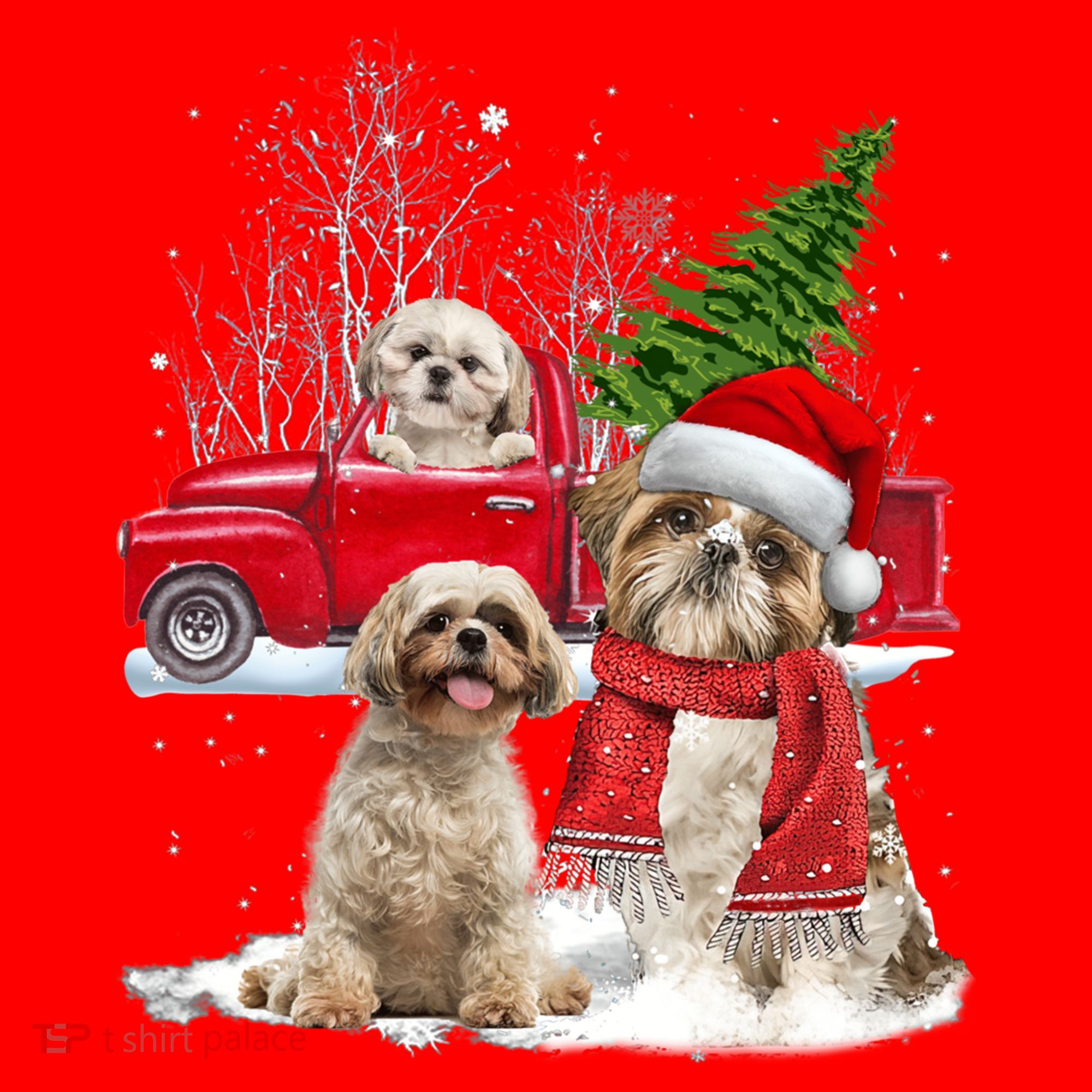 Shih Tzu Dog Riding Red Truck Christmas Tree Xmas Gift Santa Hat