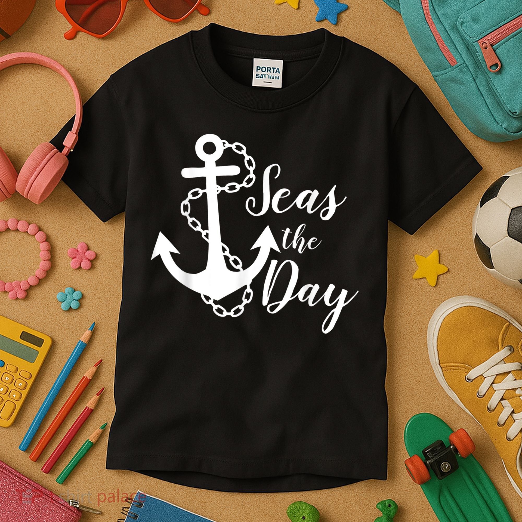 Seas The Day Nautical Anchor Cruise Vacation Kids T-Shirt