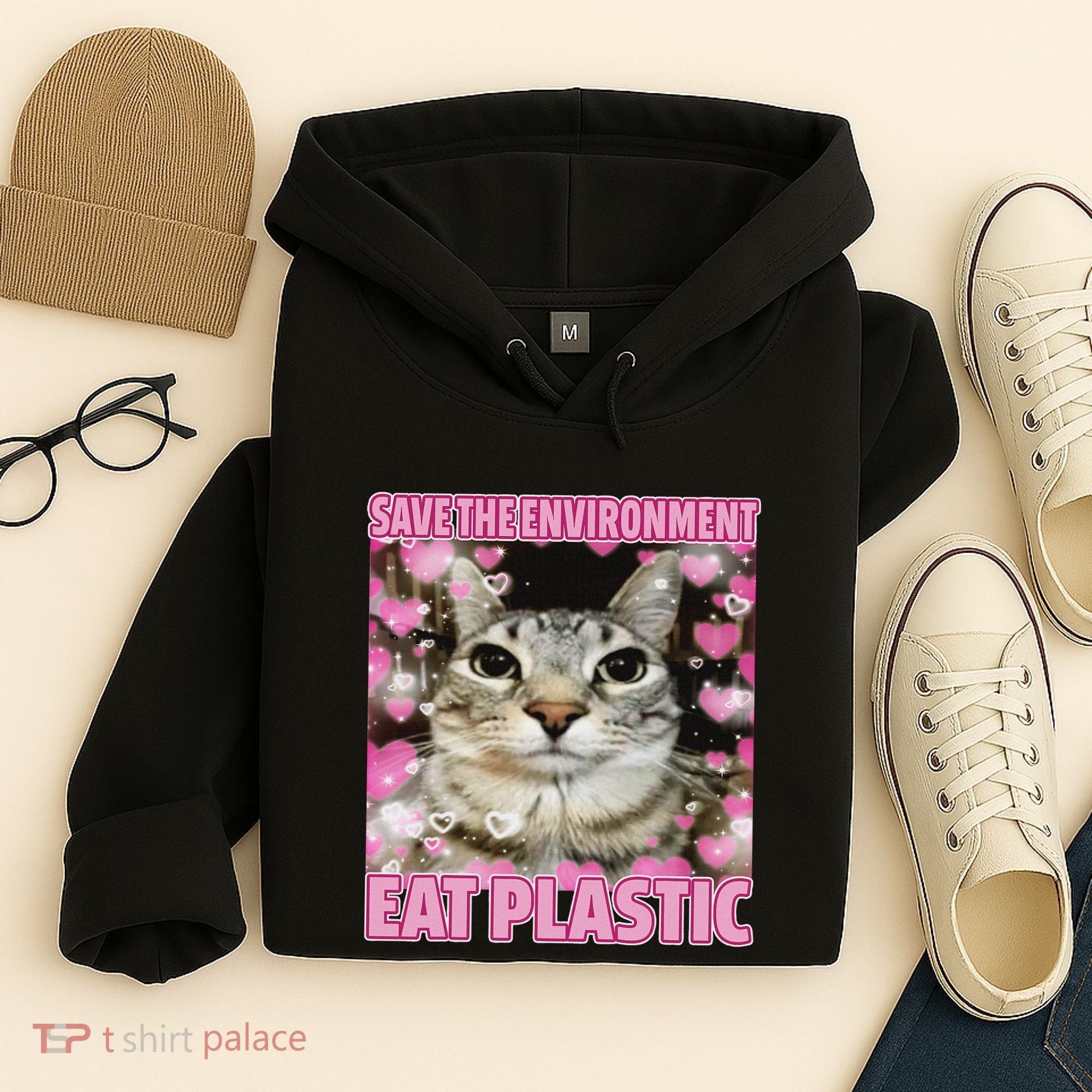 Save The Environment Eat Plastic Cat Cute Silly Kitty Meme Hoodie