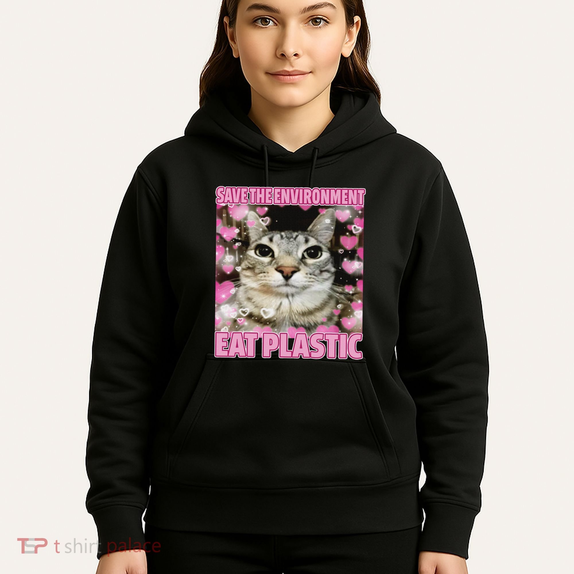 Save The Environment Eat Plastic Cat Cute Silly Kitty Meme Hoodie