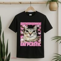 Save The Environment Eat Plastic Cat Cute Silly Kitty Meme T-Shirt thumb 2