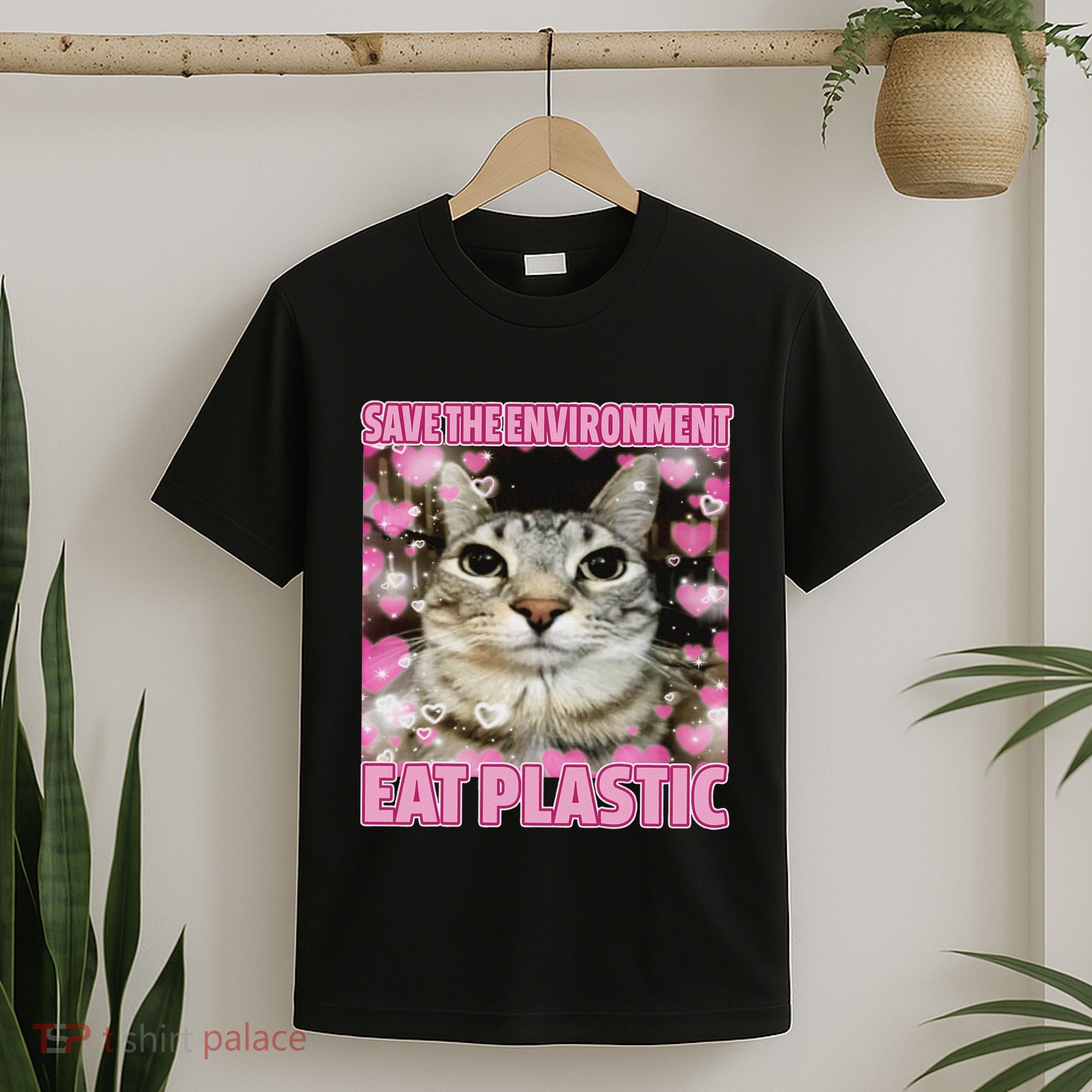 Save The Environment Eat Plastic Cat Cute Silly Kitty Meme T-Shirt