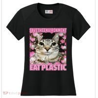 Save The Environment Eat Plastic Cat Cute Silly Kitty Meme Women's Cooling Performance Crew T-Shirt thumb 0