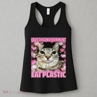 Save The Environment Eat Plastic Cat Cute Silly Kitty Meme Women's Tank Top thumb 3