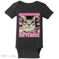 Save The Environment Eat Plastic Cat Cute Silly Kitty Meme Baby Bodysuit thumb 0