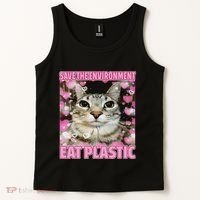Save The Environment Eat Plastic Cat Cute Silly Kitty Meme Tank Top thumb 2
