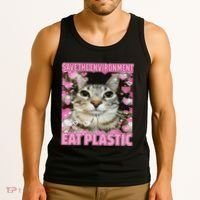 Save The Environment Eat Plastic Cat Cute Silly Kitty Meme Tank Top thumb 3