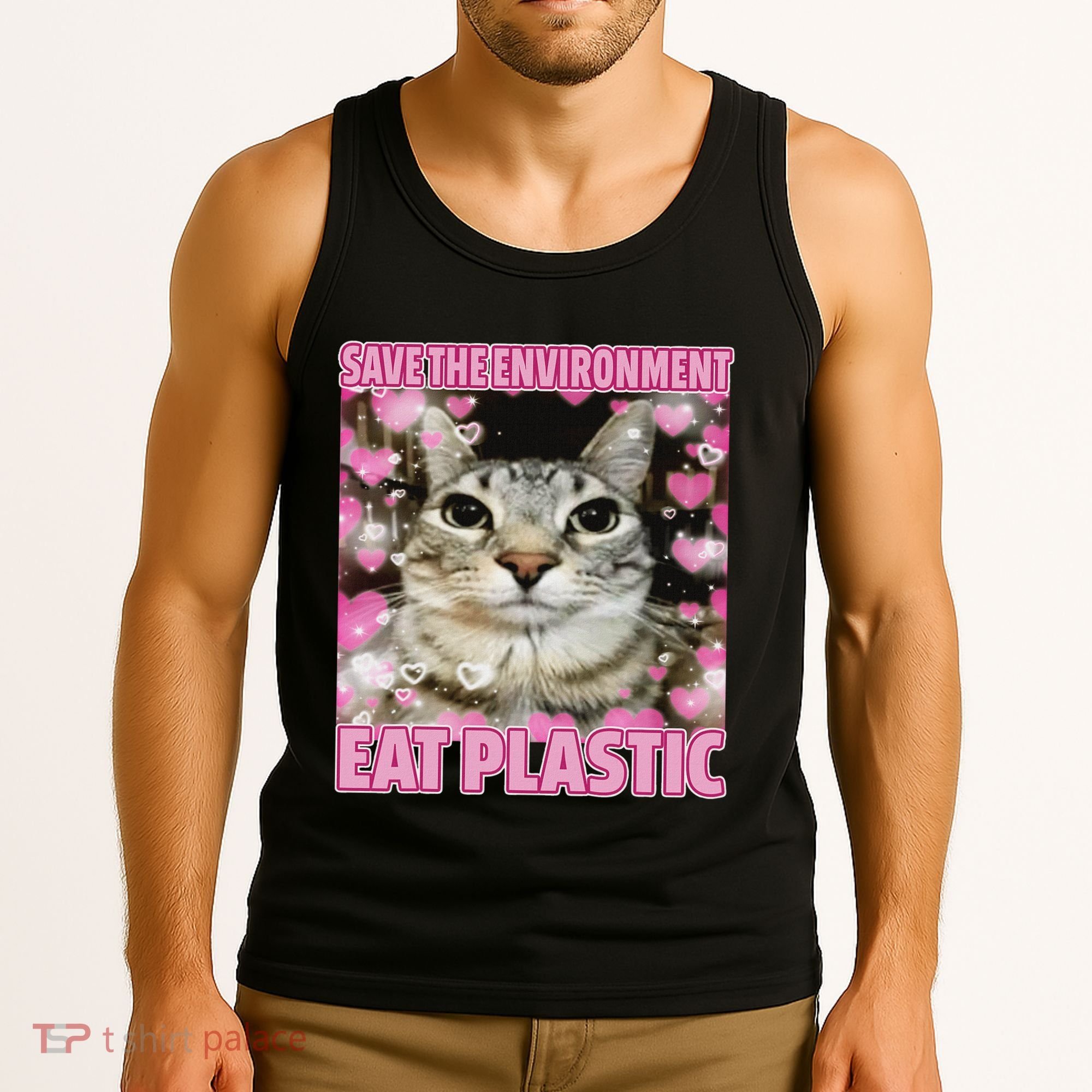 Save The Environment Eat Plastic Cat Cute Silly Kitty Meme Tank Top