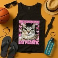 Save The Environment Eat Plastic Cat Cute Silly Kitty Meme Tank Top thumb 4