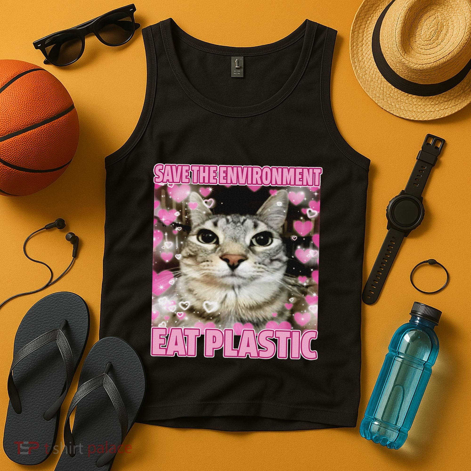 Save The Environment Eat Plastic Cat Cute Silly Kitty Meme Tank Top