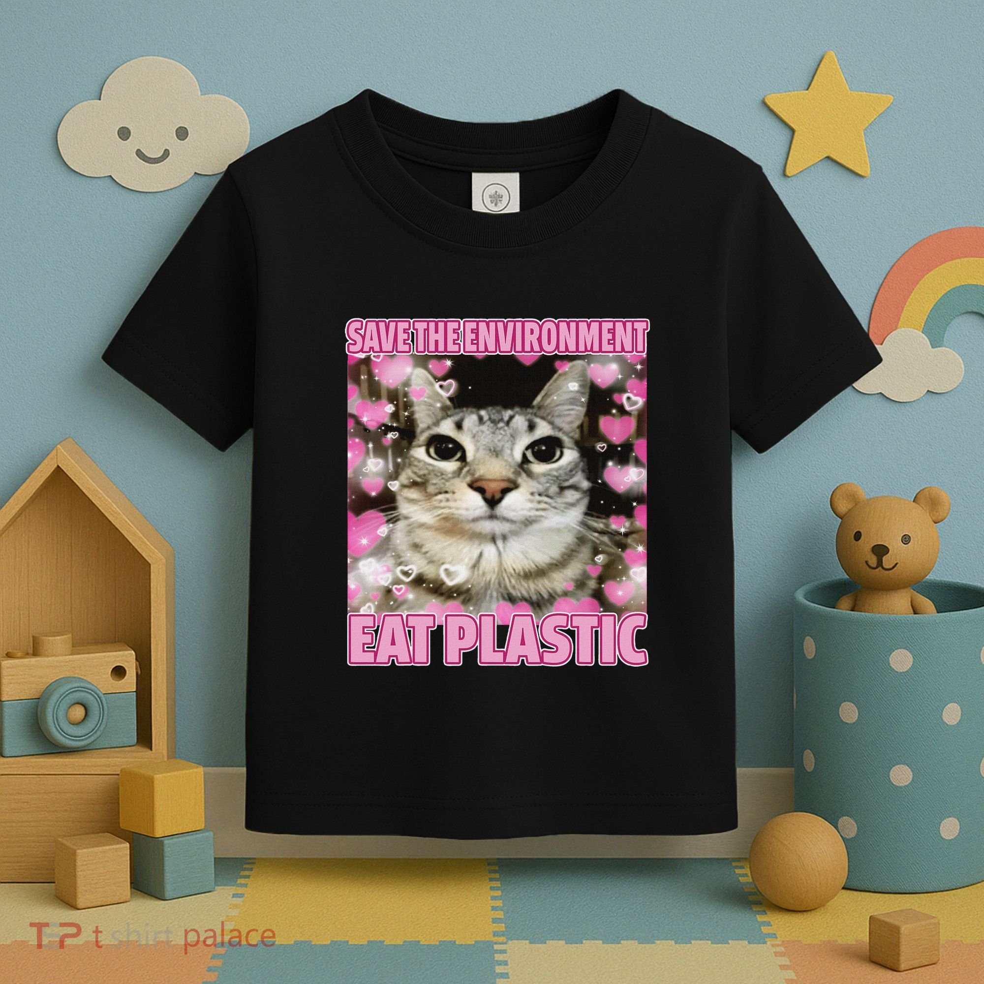 Save The Environment Eat Plastic Cat Cute Silly Kitty Meme Toddler T-Shirt