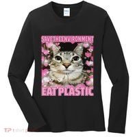 Save The Environment Eat Plastic Cat Cute Silly Kitty Meme Women's Long Sleeve Shirt thumb 0