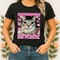 Save The Environment Eat Plastic Cat Cute Silly Kitty Meme Women's T-Shirt thumb 2