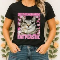 Save The Environment Eat Plastic Cat Cute Silly Kitty Meme Women's T-Shirt thumb 2