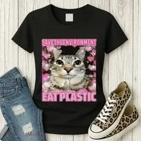 Save The Environment Eat Plastic Cat Cute Silly Kitty Meme Women's T-Shirt thumb 3