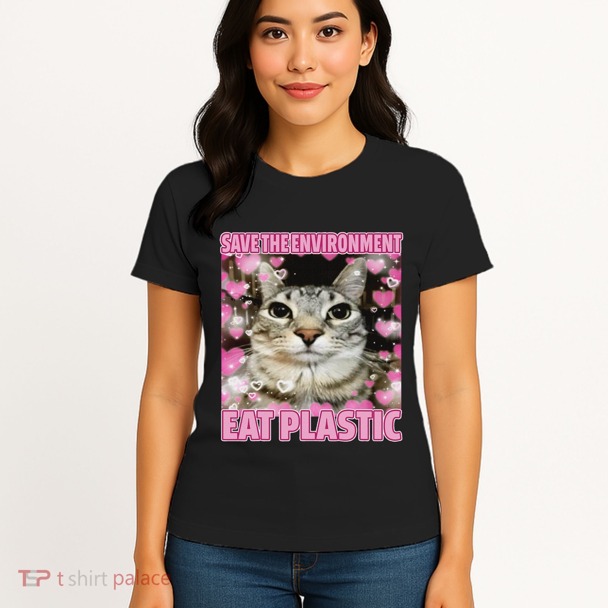 Save The Environment Eat Plastic Cat Cute Silly Kitty Meme Women's T-Shirt