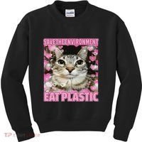 Save The Environment Eat Plastic Cat Cute Silly Kitty Meme Kids Sweatshirt thumb 0