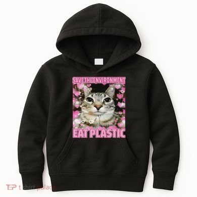 Save The Environment Eat Plastic Cat Cute Silly Kitty Meme Kids Hoodie