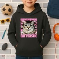 Save The Environment Eat Plastic Cat Cute Silly Kitty Meme Kids Hoodie thumb 2