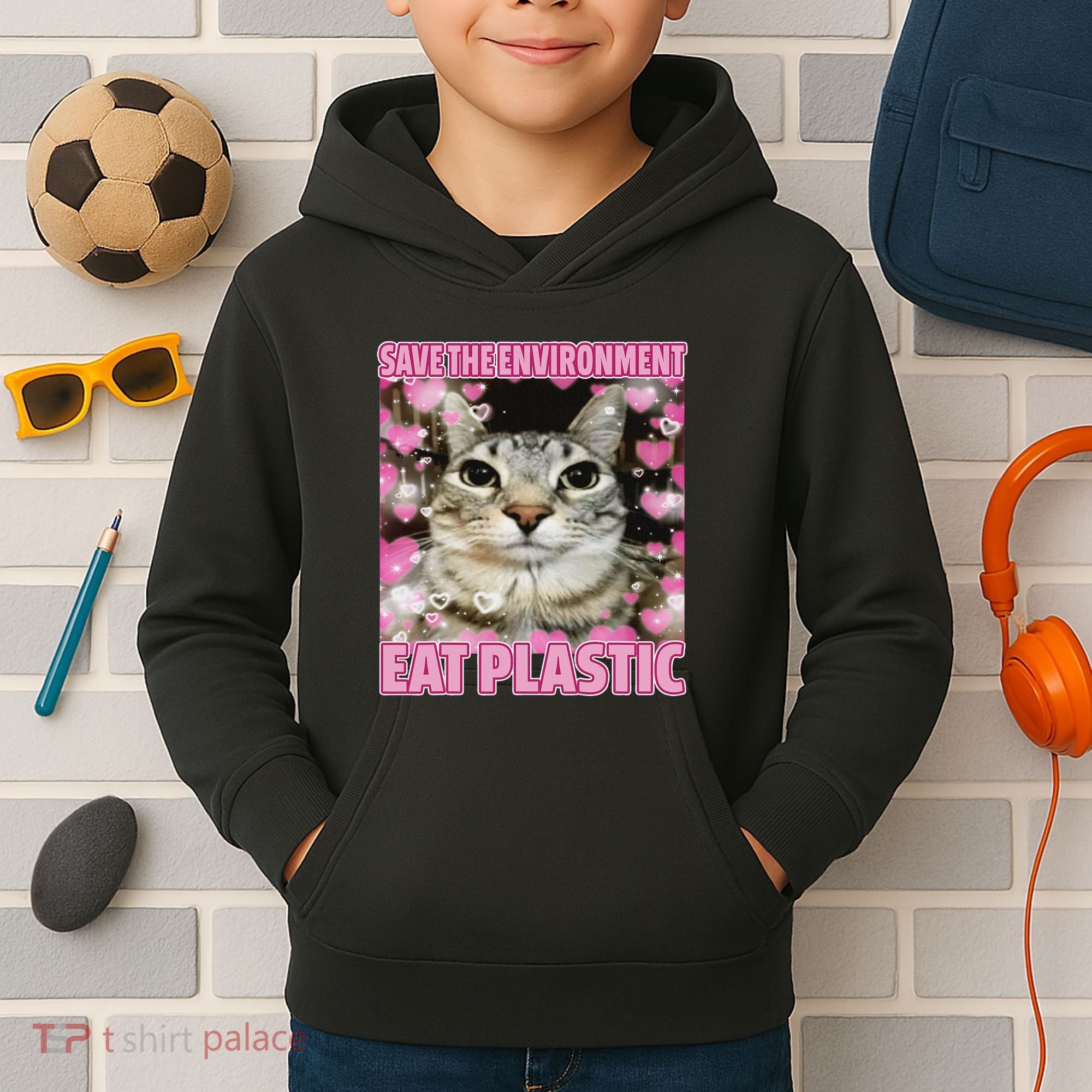 Save The Environment Eat Plastic Cat Cute Silly Kitty Meme Kids Hoodie