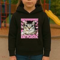 Save The Environment Eat Plastic Cat Cute Silly Kitty Meme Kids Hoodie thumb 3
