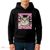 Save The Environment Eat Plastic Cat Cute Silly Kitty Meme Kids Hoodie thumb 4