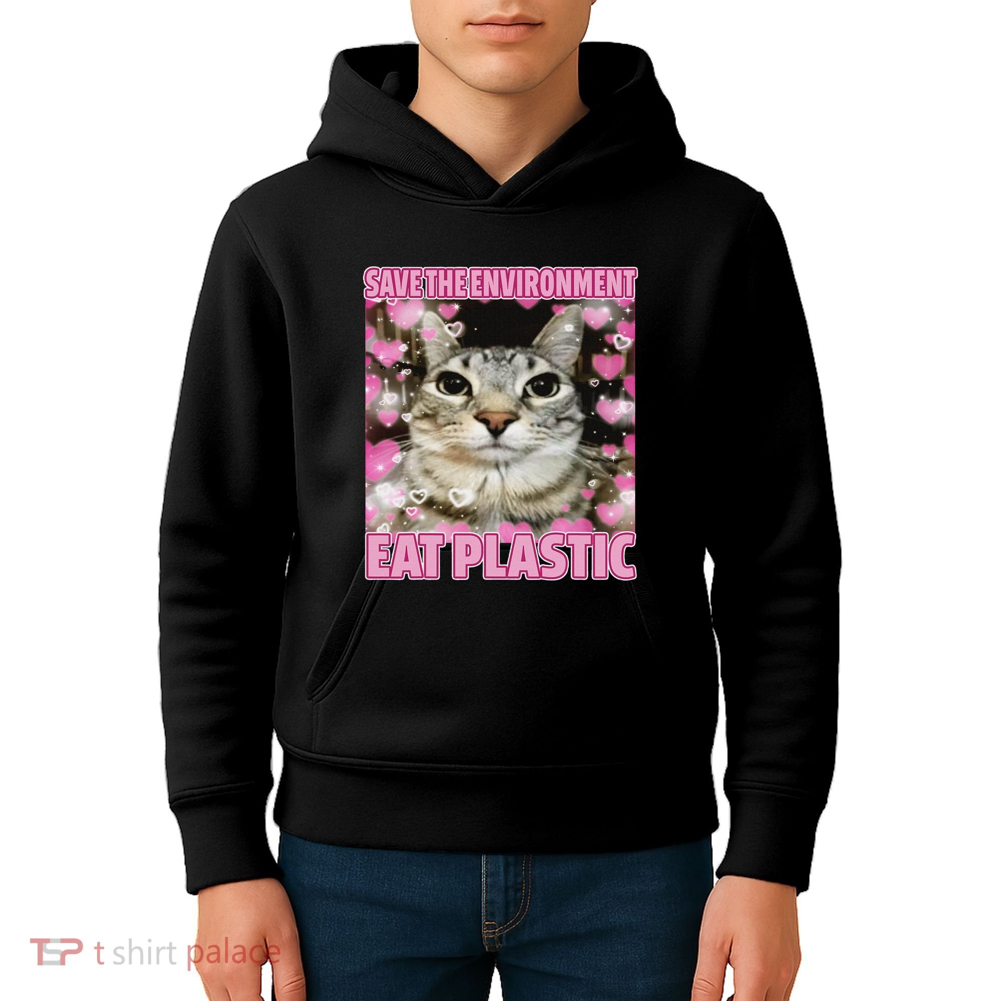 Save The Environment Eat Plastic Cat Cute Silly Kitty Meme Kids Hoodie