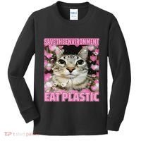Save The Environment Eat Plastic Cat Cute Silly Kitty Meme Kids Long Sleeve Shirt thumb 0