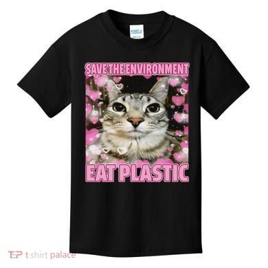 Save The Environment Eat Plastic Cat Cute Silly Kitty Meme Kids T-Shirt