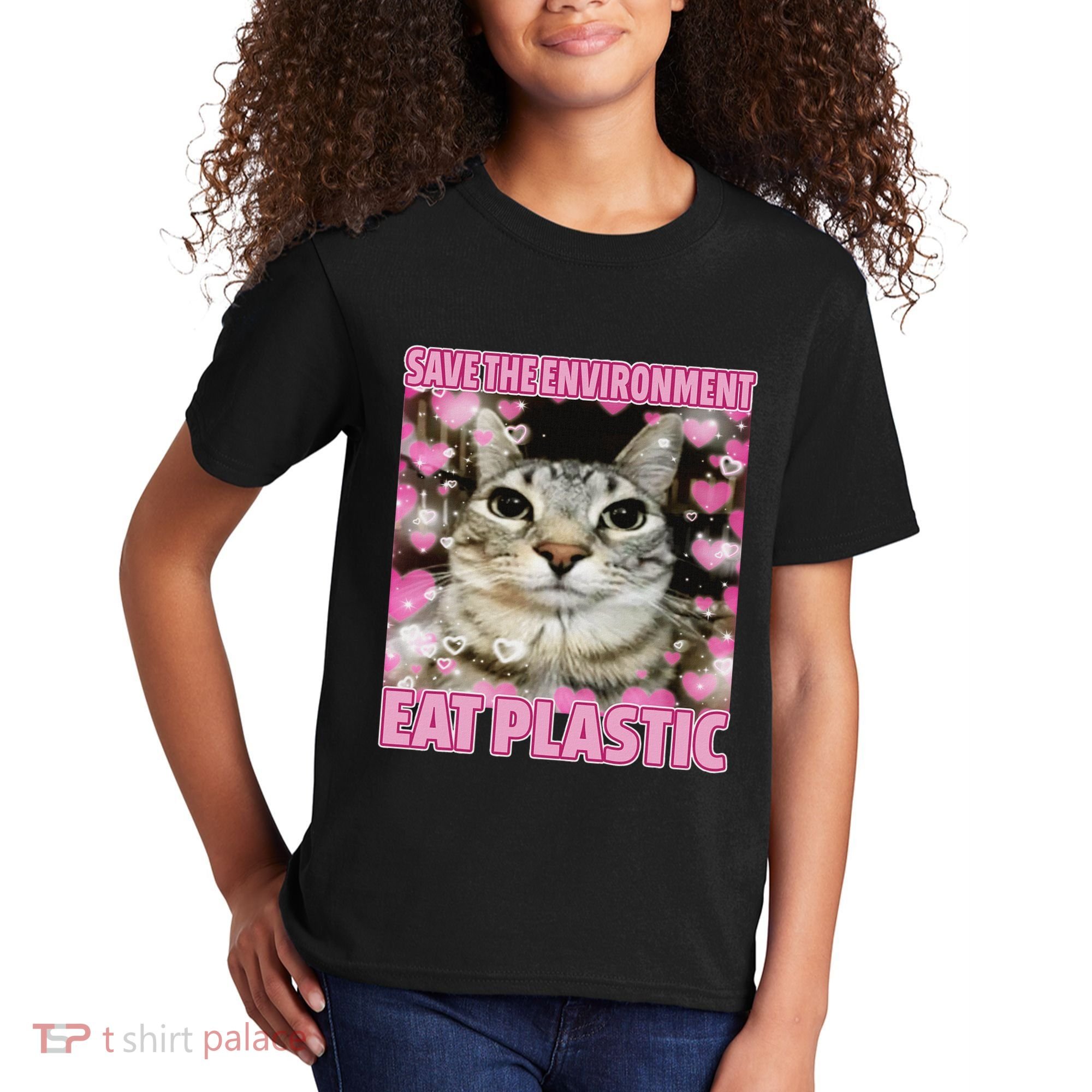 Save The Environment Eat Plastic Cat Cute Silly Kitty Meme Kids T-Shirt