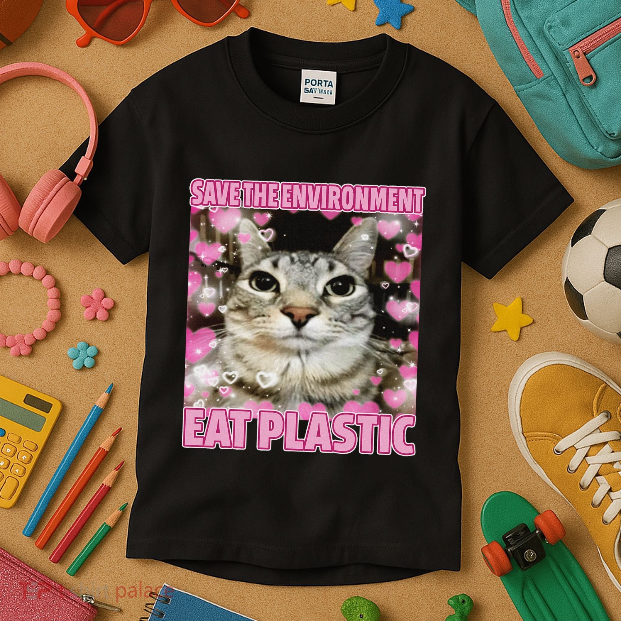 Save The Environment Eat Plastic Cat Cute Silly Kitty Meme Kids T-Shirt