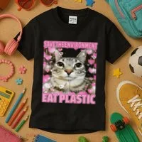 Save The Environment Eat Plastic Cat Cute Silly Kitty Meme Kids T-Shirt thumb 3
