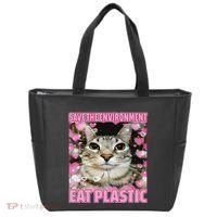 Save The Environment Eat Plastic Cat Cute Silly Kitty Meme Tote Bag thumb 0