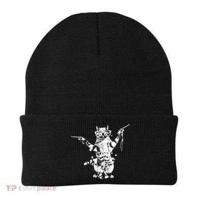 Stencil Graffiti Cat Armed With Guns Beanie
