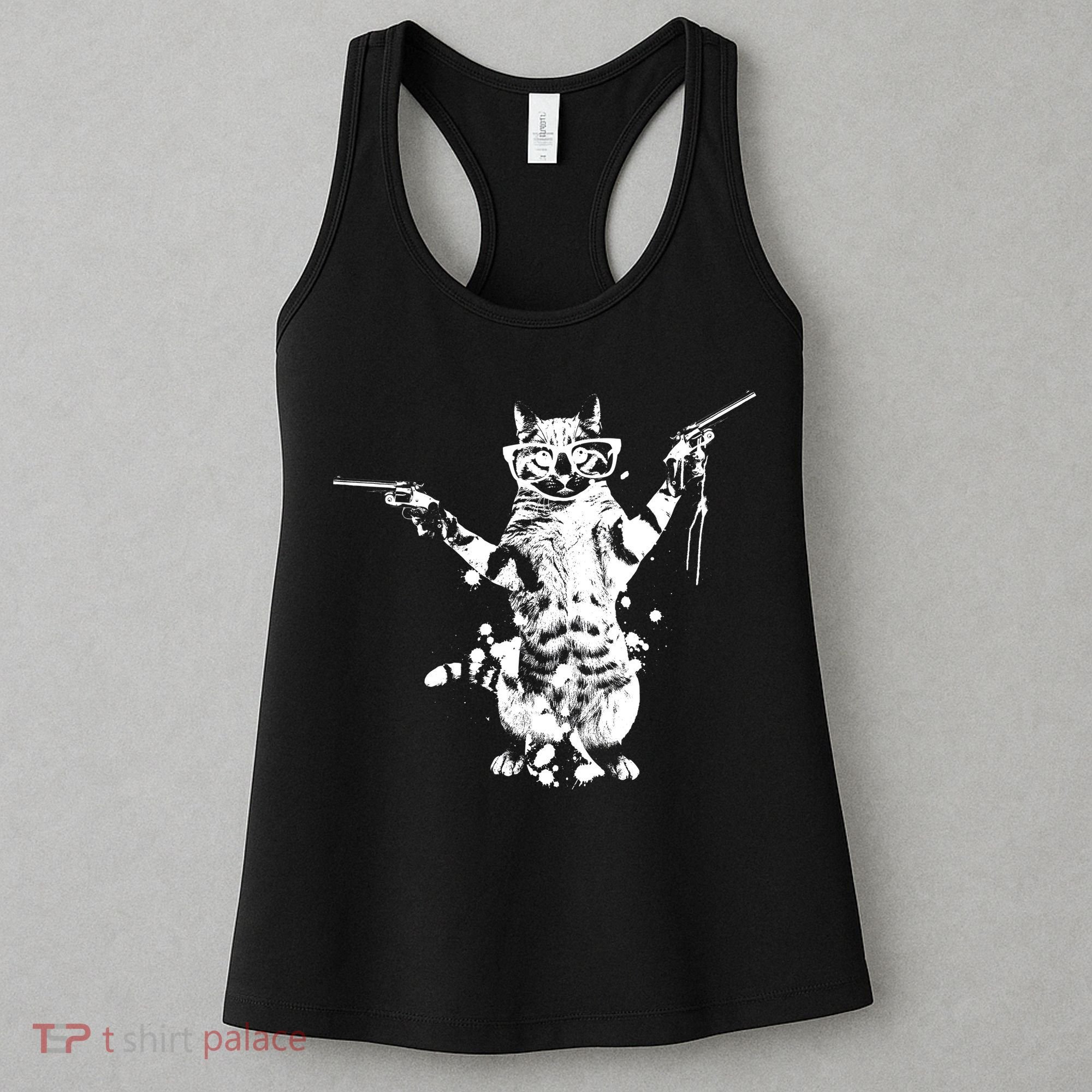 Stencil Graffiti Cat Armed With Guns Women's Tank Top