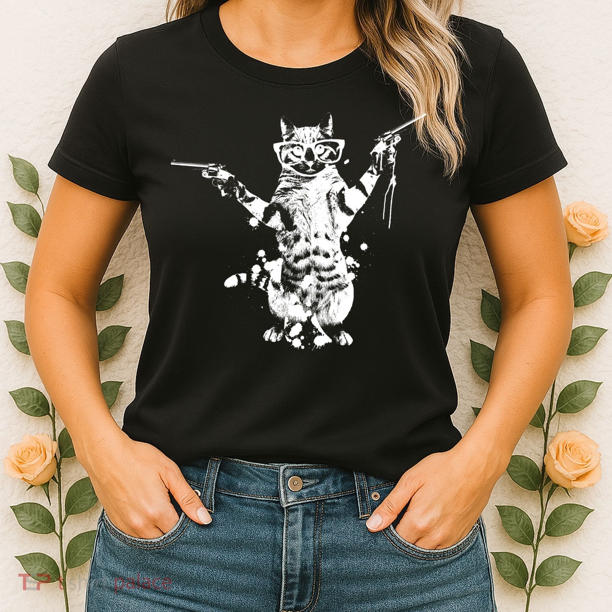 Stencil Graffiti Cat Armed With Guns Women's T-Shirt