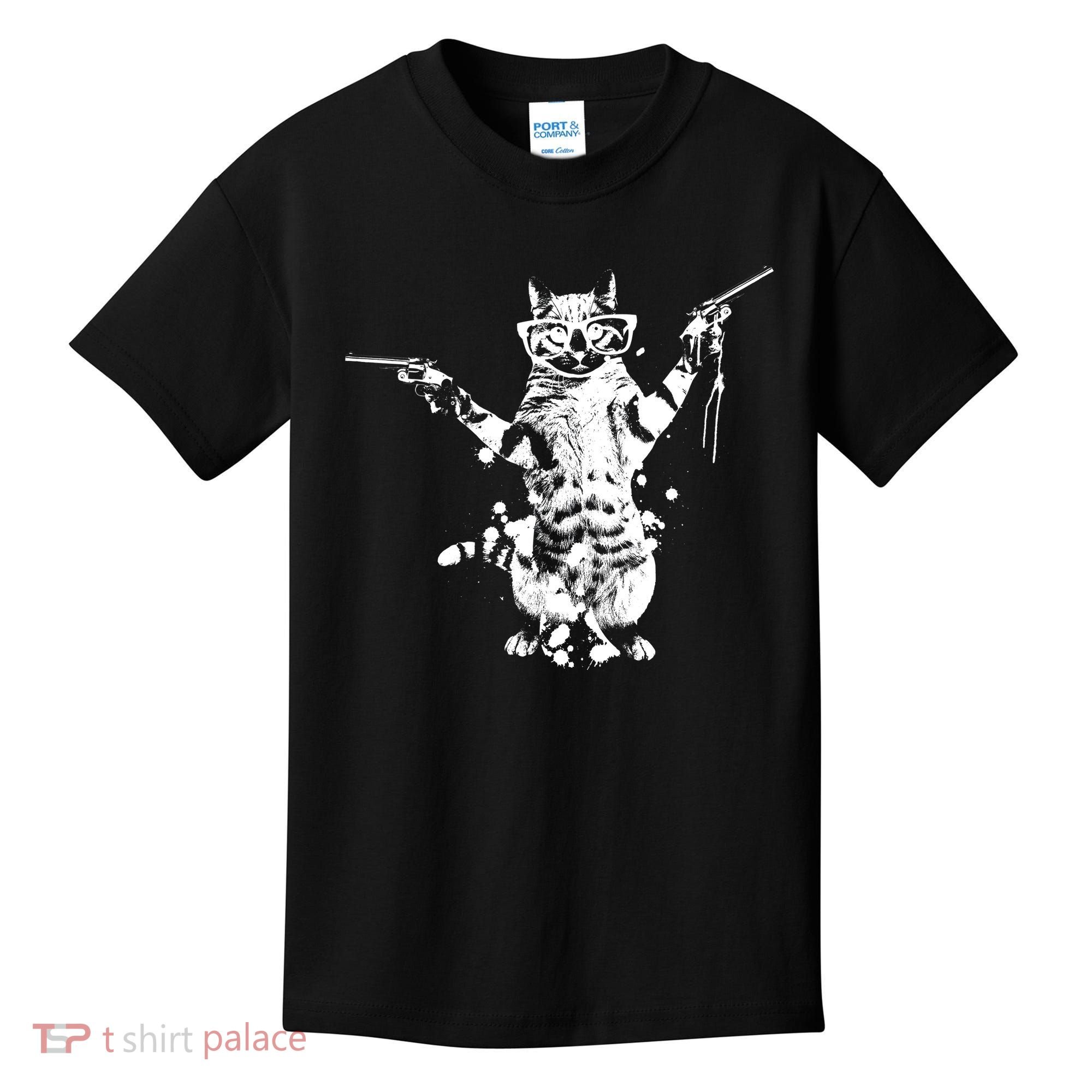 Stencil Graffiti Cat Armed With Guns Kids T-Shirt