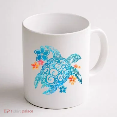 Sea Turtle Floral Tropical Pattern Coffee Mug back