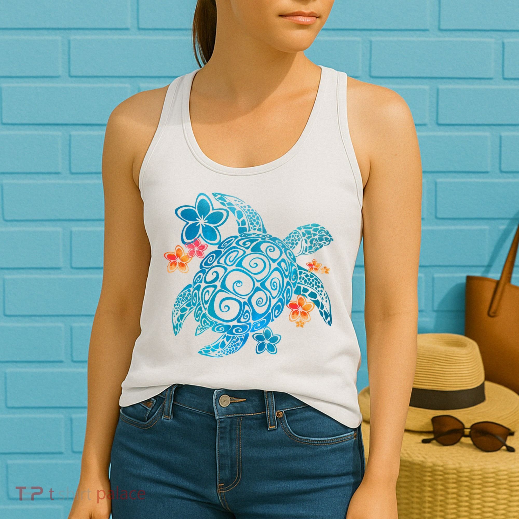 Sea Turtle Floral Tropical Pattern Women's Tank Top