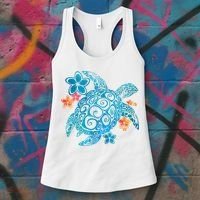 Sea Turtle Floral Tropical Pattern Women's Tank Top thumb 3