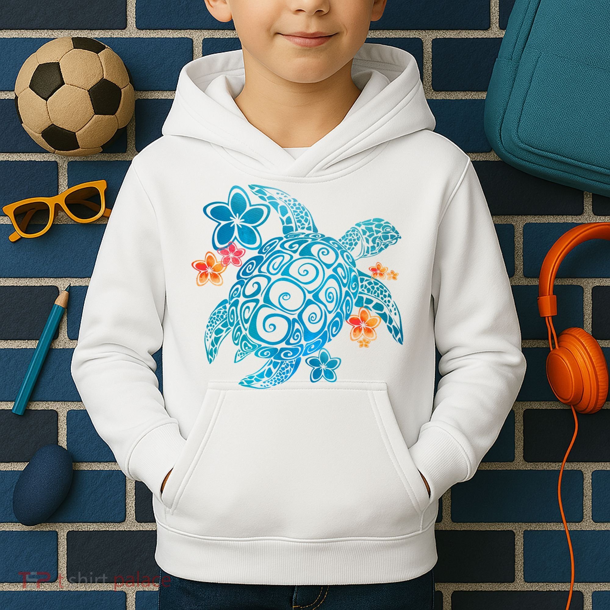 Sea Turtle Floral Tropical Pattern Kids Hoodie
