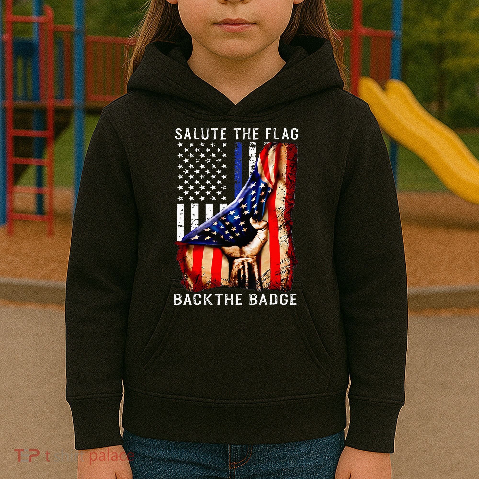 Salute The Flag Back The Badge Flag Police Hand Kids Hoodie