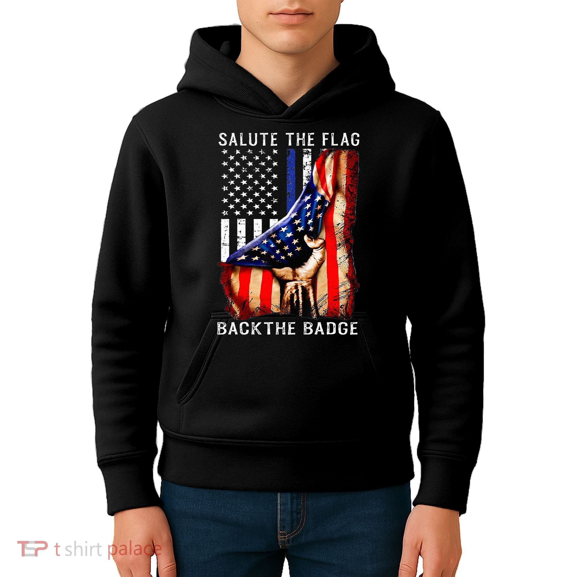 Salute The Flag Back The Badge Flag Police Hand Kids Hoodie