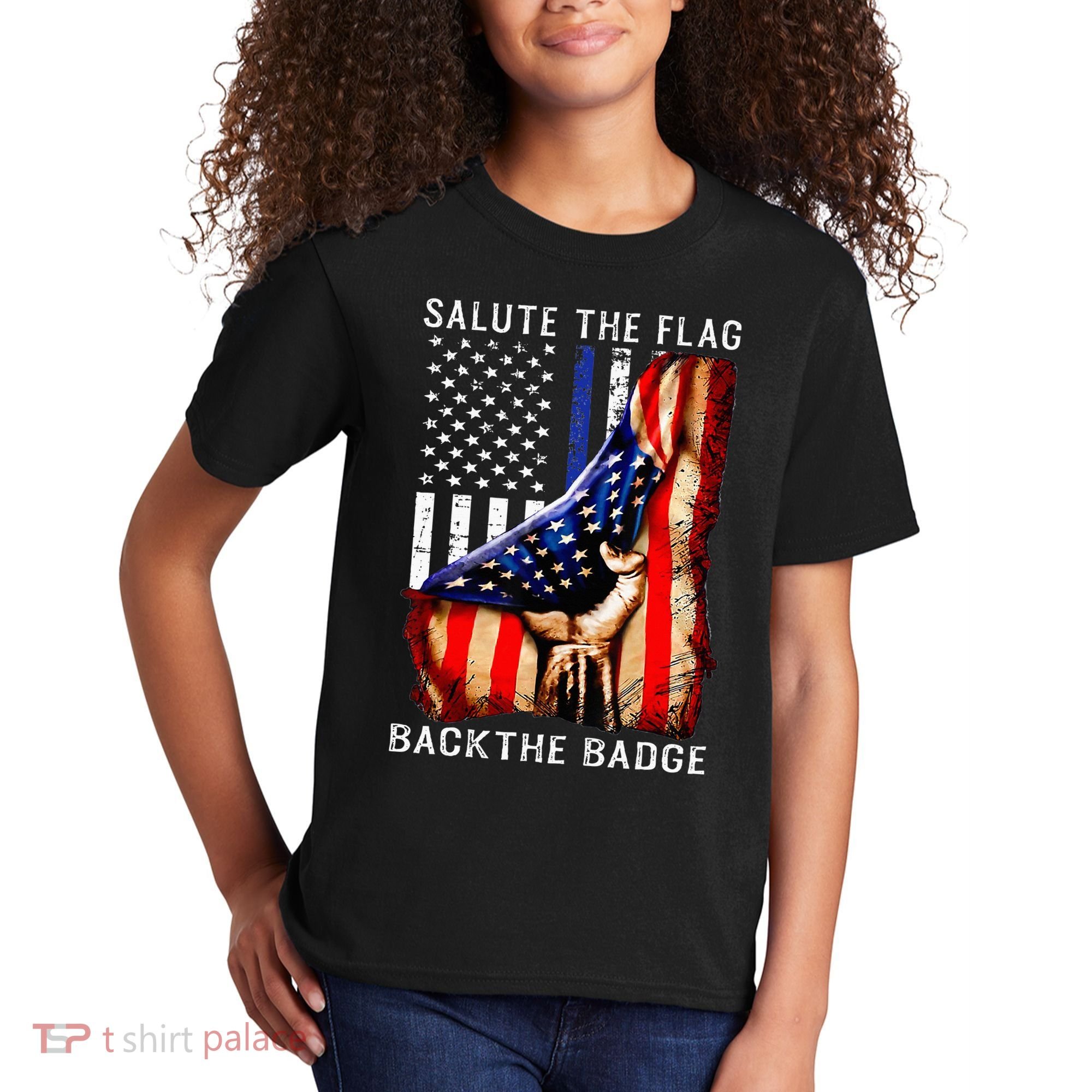 Salute The Flag Back The Badge Flag Police Hand Kids T-Shirt